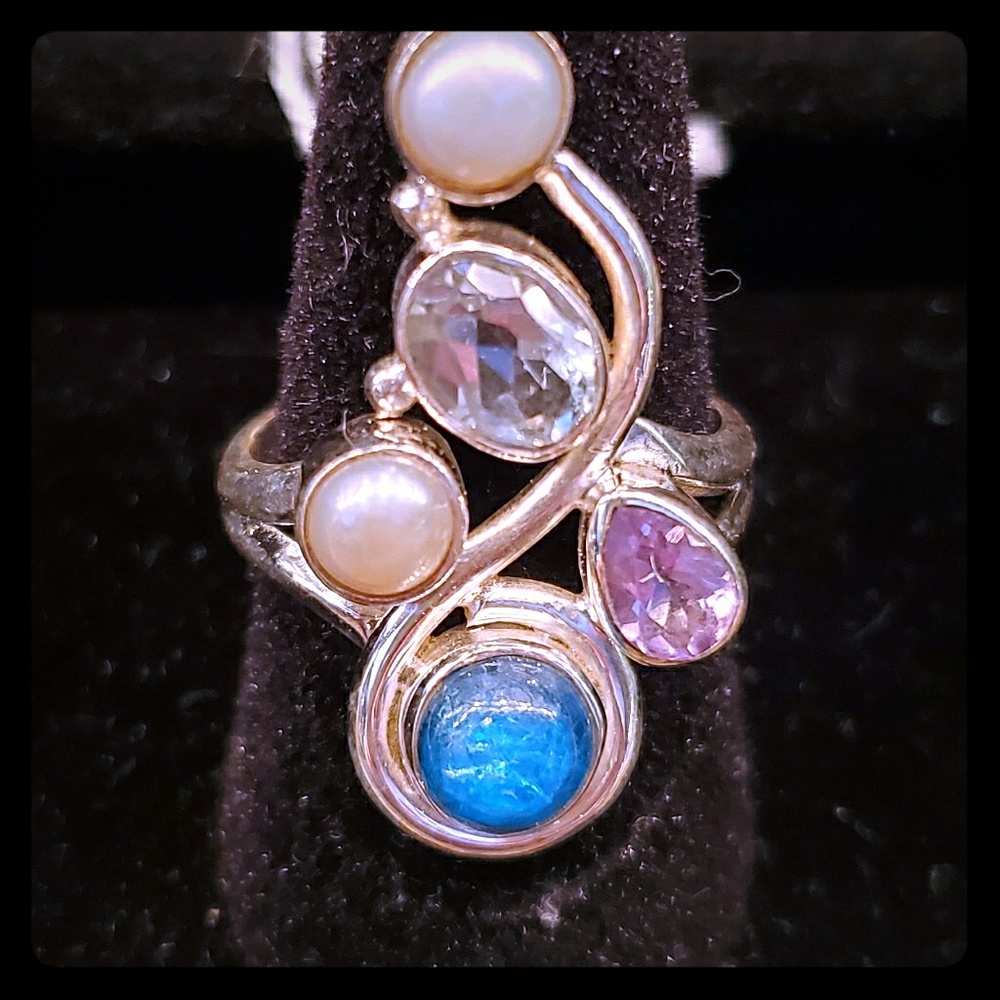 Multicolored gemstones sterling silver ring